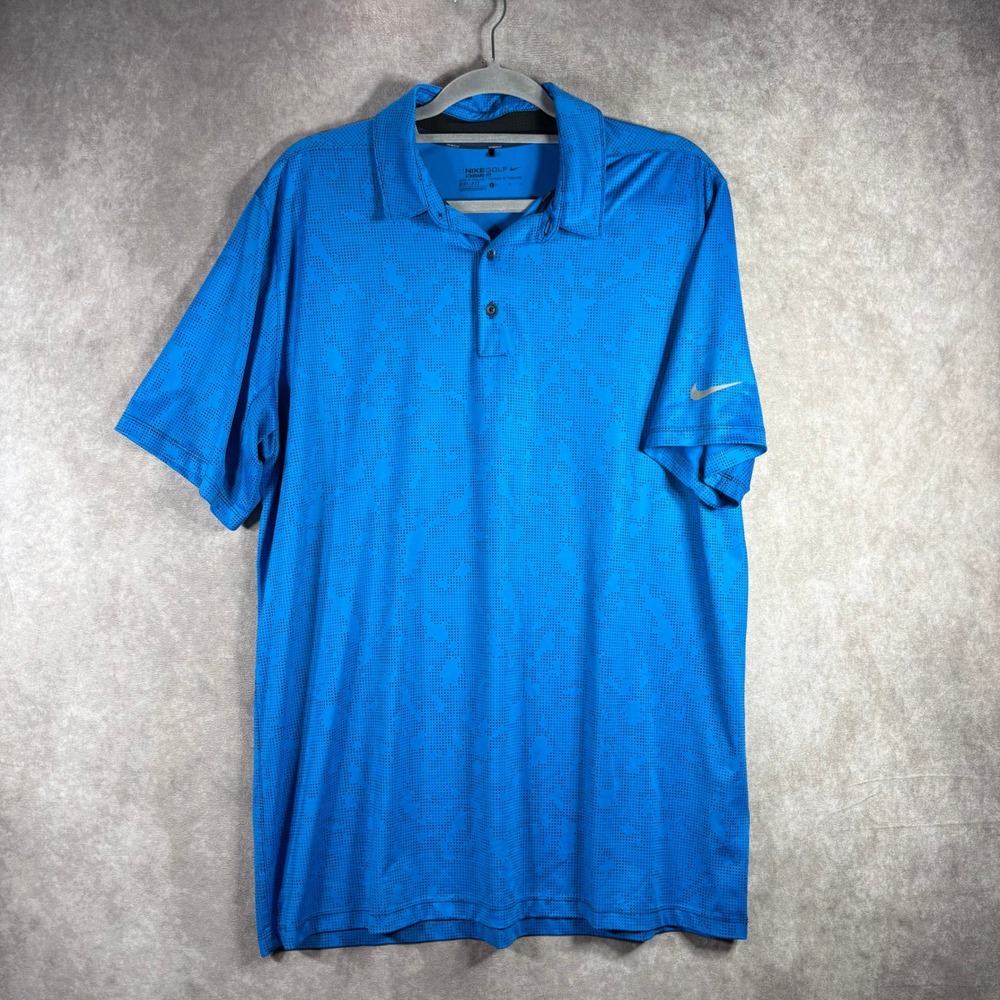 Nike Polo Shirt Mens Large Blue Dri-FIT Standard Fit Patterned Golf Performance